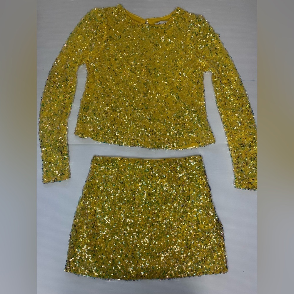 Endless Rose Yellow Sequin Long Sleeve Top And Mini Skirt Set Size Medium READ
